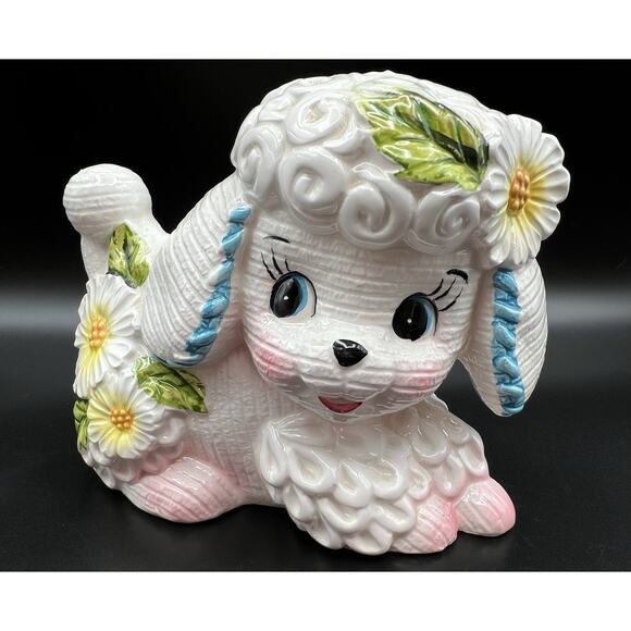 Vintage Lefton White Poodle Dog with Daisy Flowers Ceramic Planter Japan 6189 - Picture 3 of 11
